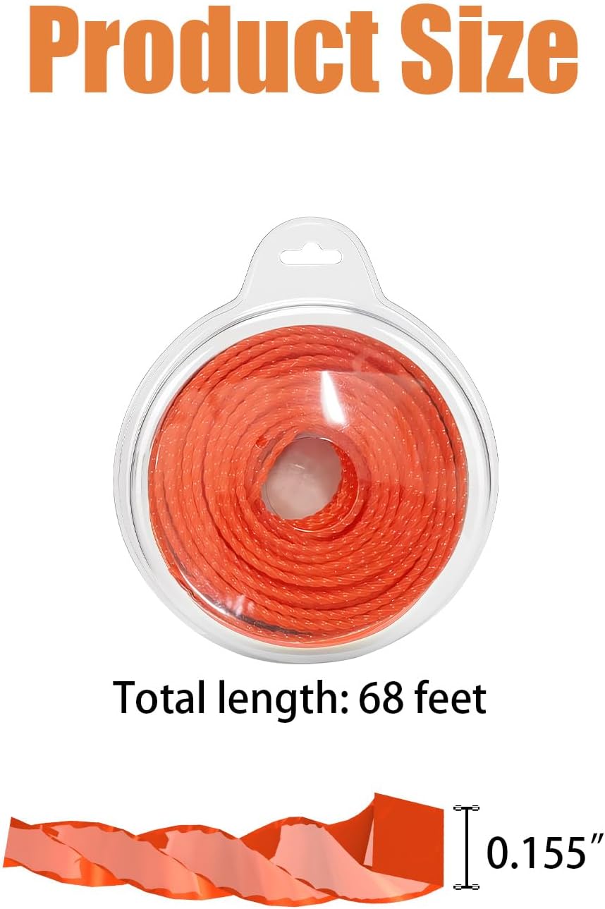 0.155 Inch x 68FT Twisted String Trimmer Line, Heavy Duty Replacement Trimmer Line Compatible for Earth-Quake, Senix, Toro 58620, Built, Universal Walk Behind String Trimmers