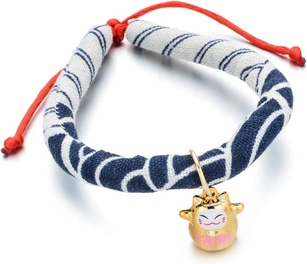 Accesyes Japanese Chirimen Kimono Print Cat Collar with Bell Tie for Kitten Puppy Pet Supply Adjustable, 1 Size Fits All (Dark Blue)