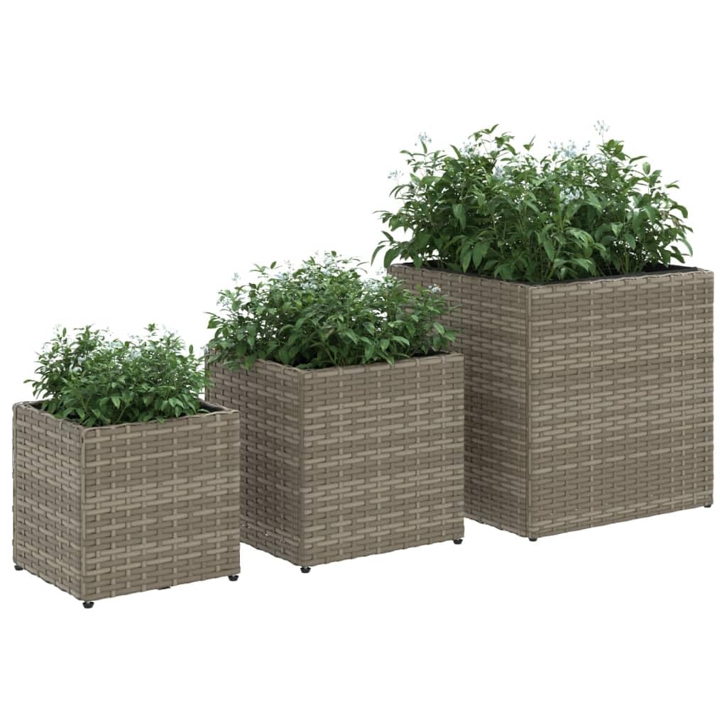 3 Stück Graue Pflanzkübel aus Poly Rattan mit Stahlgestell für Garten Blumen Pflanzen, Wetterbeständige Balkonkästen und Pflanzgefäße