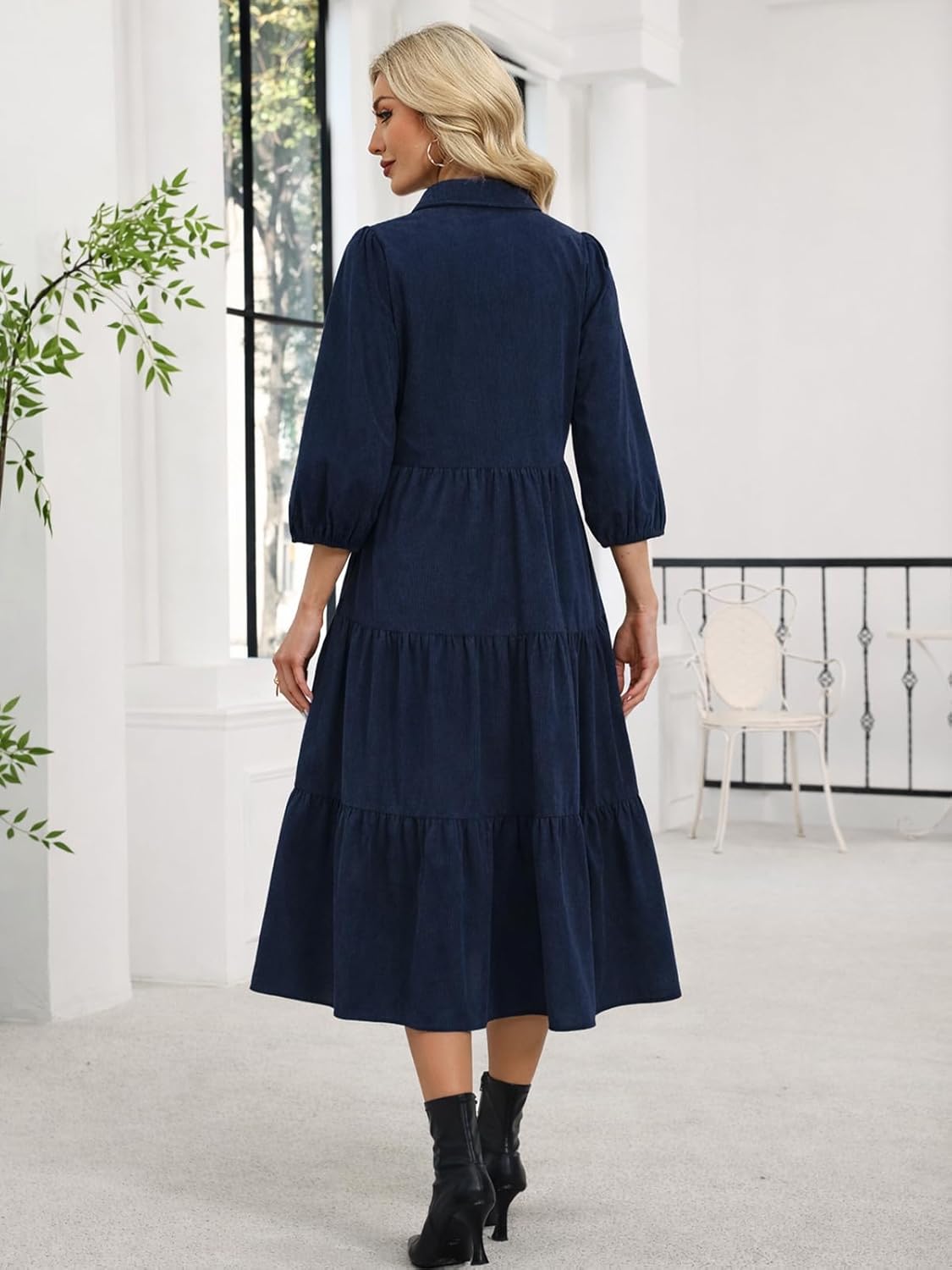 Women’s Corduroy Maxi Shirt Dress Button Up 3/4 Sleeve Flowy Tiered Ruffle Hem Casual Spring Long Dress with Pockets - Image 6