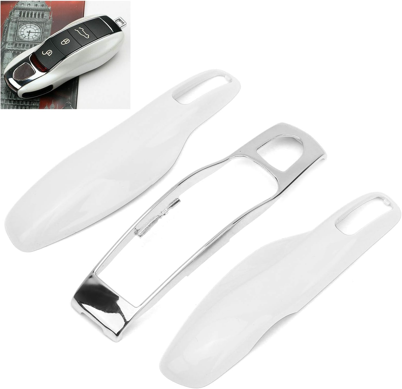 Remote Key Case, Car Remote Key Fob Case Trim Protective Cover Replacement Fit for 911/ for for for Boxster(Pearl White+Silver Middle Shell)