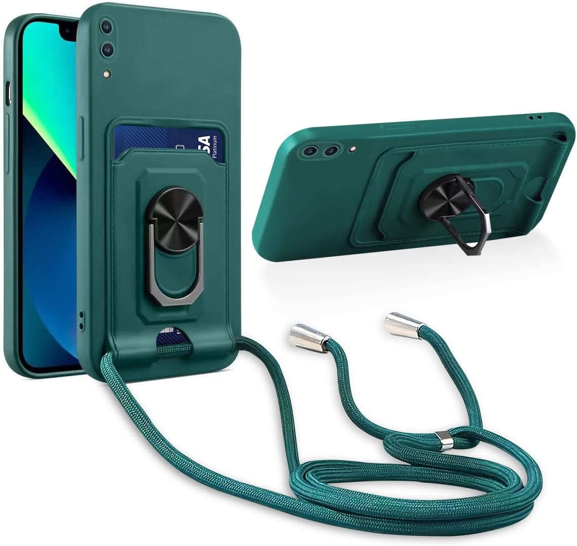 Aithne Funda con Cuerda Compatible con Xiaomi Redmi Note 7 / Note 7 Pro,360 Anillo función de Soporte y Ranuras para Tarjetas, Protección cámara Carcasa-Verde