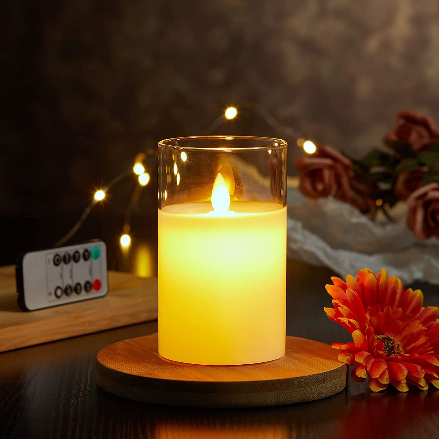 Velas LED Pack de 2 Parpadeante Sin Llama Con Vidrio y Temporizador, Mando a Distancia, Real Cera, Regulable Para Dormitorio y Fiesta - 12.5cm Blanco