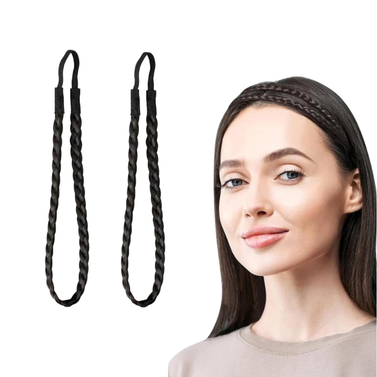 2 Pcs Regular Braids Braid Headband Braided Headbands for women Adjustable Natural Look Elastic Hair Pieces Effortless Hairstyles (natural black)