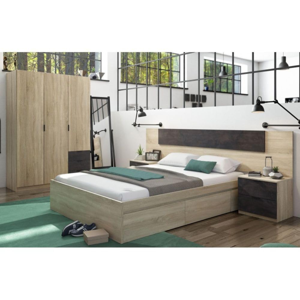 Mobelcenter, Conjunto Dormitorio Matrimonio Oxido, Color Roble Canadian y Oxido, Cabezal para Camas de 135 y 150 cm, 2 Mesitas de 3 cajones, Armario 3 Puertas 3 Cajones y Cama con 4 cajones (P0021)