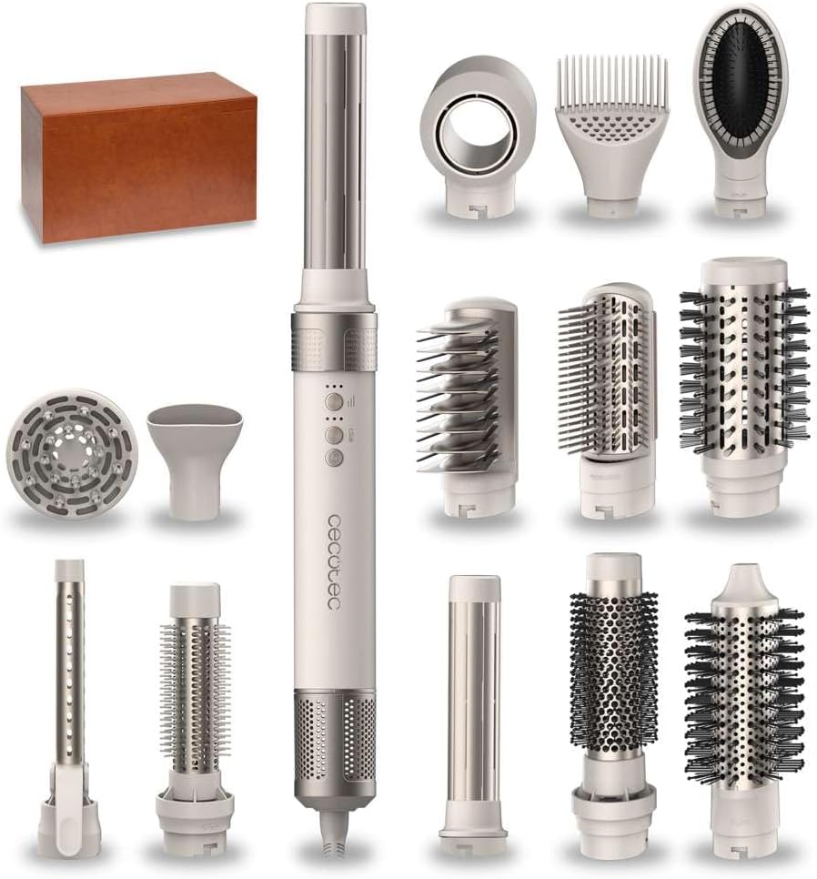 Cecotec Heteluchtborstel, haardroger, stijltang, 14 opzetstukken, Coanda CeramicCare-technologie, 14-in-1 AirGlam Champagne, 1400 W, digitale motor, verwijdert kroes, 3 temperaturen