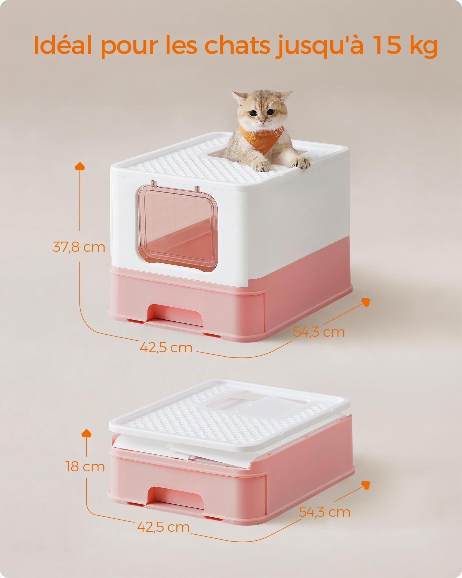 Feandrea Bac à Litière Fermé pour Chat, pour Grand Chat, Capacité 15 kg | Maison de Toilette, Plateau Amovible, Pelle, Brosse, Anti-Traces, Anti-fuites, Collection BOXAL PPT001P01