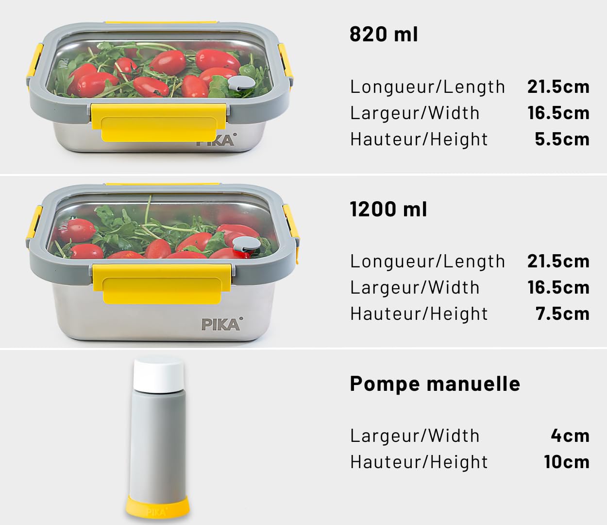 Pika | Lot de 2 boites alimentaires sous vide en inox + pompe de mise sous vide | 820ml + 1200ml | Micro-ondes, four, congélateur | Légère & hermétique