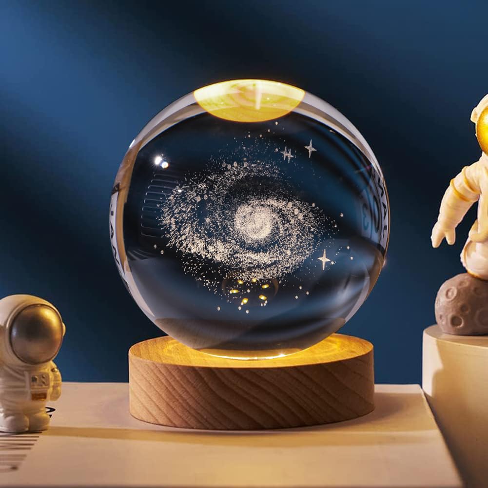 FullGen 3D Planet Crystal Ball Night Light, Galaxy System Night Lights with Wooden Base,Crystal Ball Lamp with LED Light Base