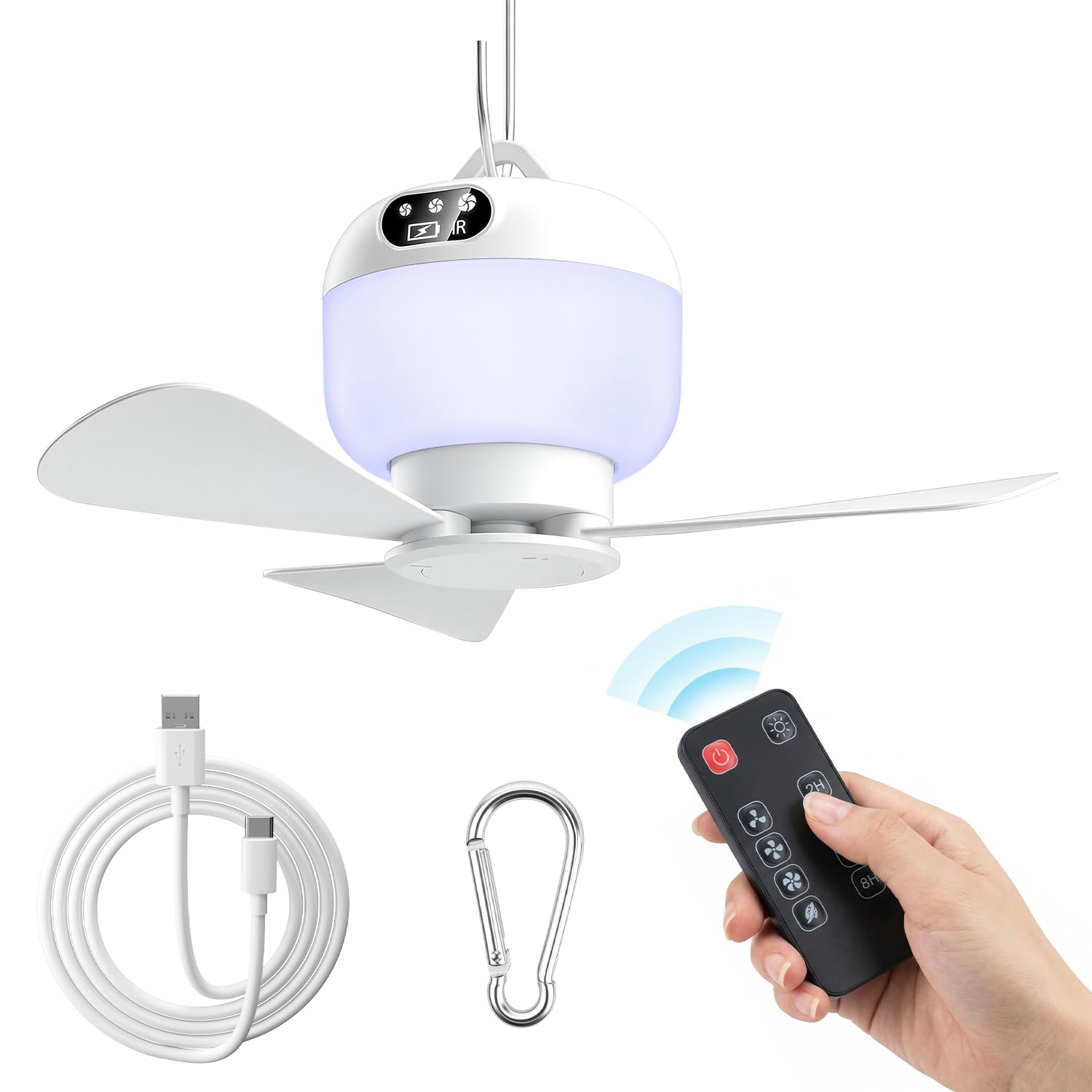 Camping Fan with Light & Remote, Portable Ceiling Fan Wireless Rechargeable Tent Fan with 4 Speeds,3 Light Modes,Timer, Battery Powered Fan for Tents, Canopy, Beach, RV, Car, Camper & Outdoor