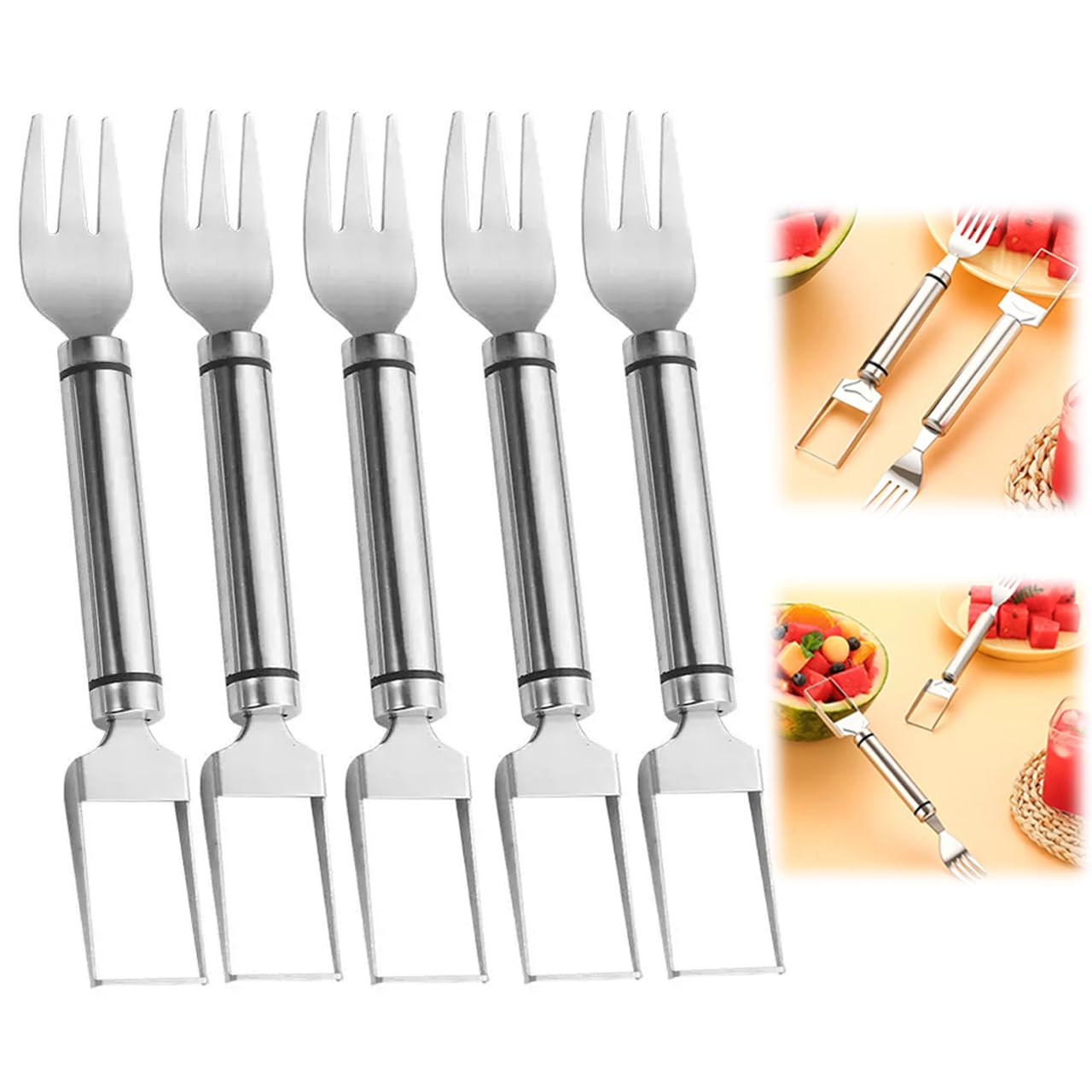2-In-1 Stainless Steel Fruit Cutter Watermelon Fork Slicer Cutting Tool, Watermelon Fork Cutter for Home Party Camping Kitchen Gadget (5 Pcs)