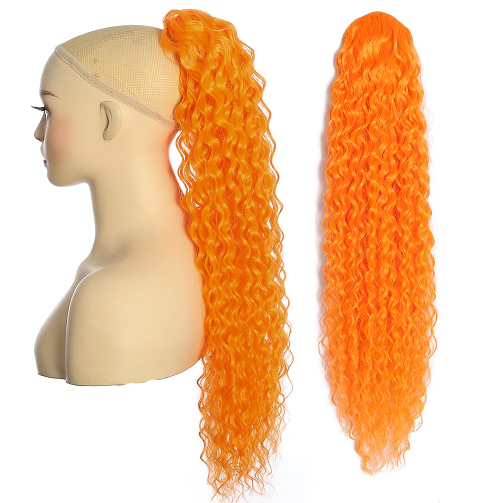 BALINGHAIR Deep Wave Ponytail Extension for Women 24 Inch Orange Curly Wavy Ponytail Hair Extensions Drawstring with Clips Short Synthetic Hairpiece