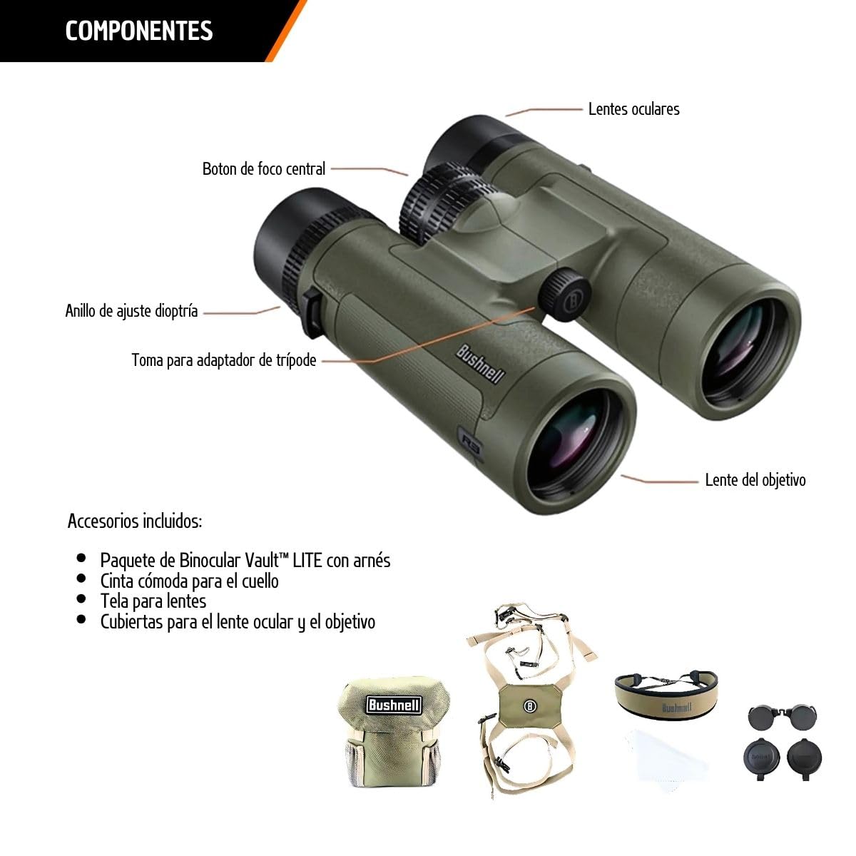 Bushnell Vault Lite Jumelles R3 10 x 42 avec harnais de poitrine Bino Système optique HD, lentilles entièrement multicouches, barrière EXO, étanchéité IPX7 – Jumelles pour l'observation des oiseaux et