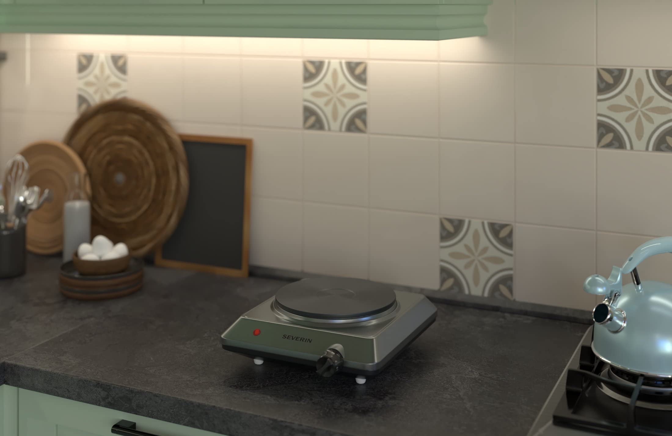 SEVERIN Placa de cocina portátil, placa eléctrica para cocinar fácil de limpiar, hornillo eléctrico con termostato regulable, acero inoxidable cepillado, 1500 W, KP 1092