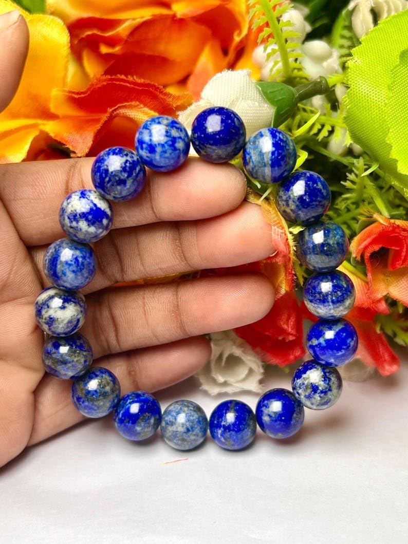 ZOYLA natural lapis lazuli gemstone 12mm|round shape, smooth cut stone |7 inch|blue color gem |energy stretch bracelet | healing wristband | handmade jewelry | KB_BRC_01313