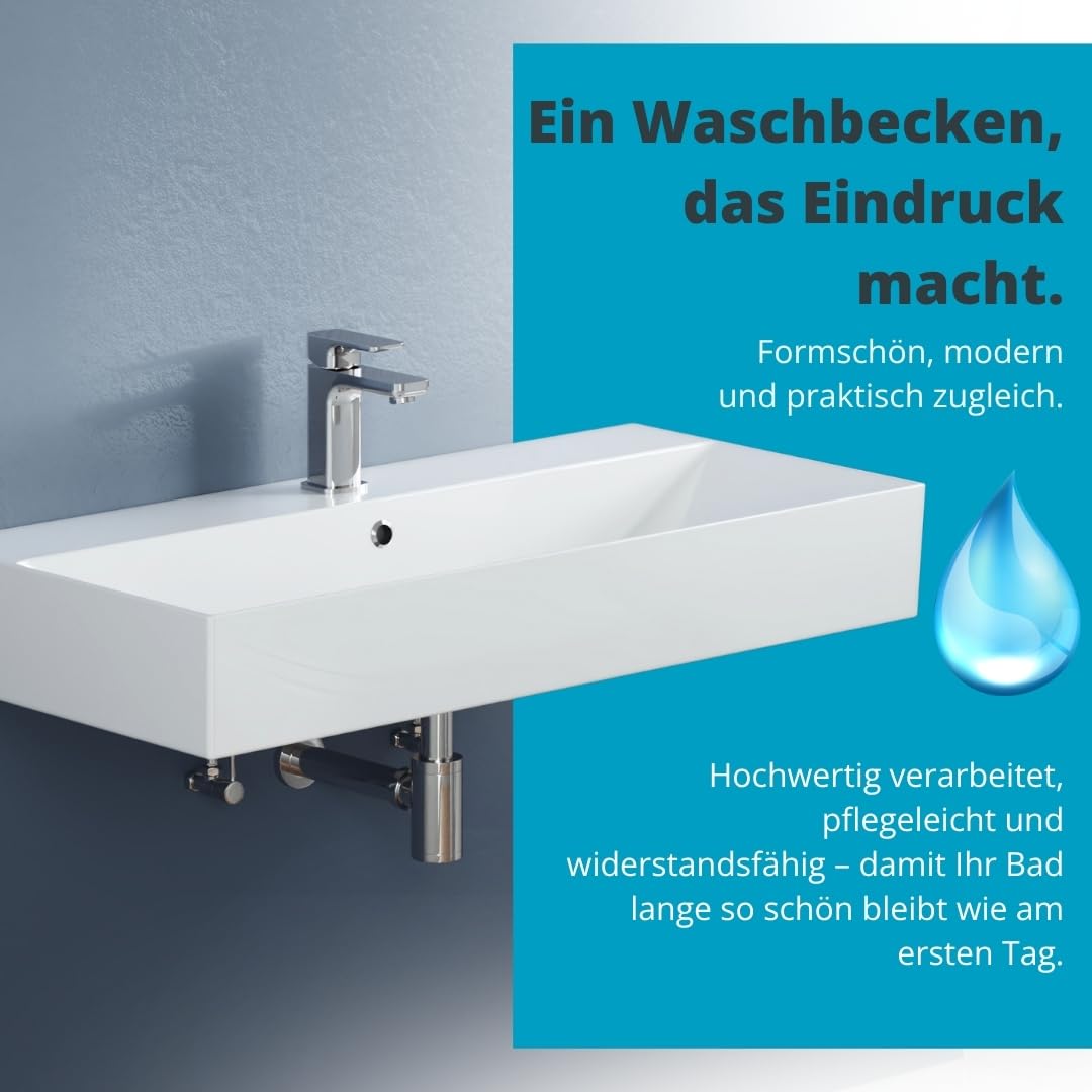 Aqua Bagno lavabo grande 90 cm rectangular cerámica blanco brillo, lavabo suspendido para baño moderno con orificio para grifo y rebosadero, diseño contemporáneo y fácil de limpiar | Lavabo colgante de borde fino con agujero para grifo y rebosadero, color