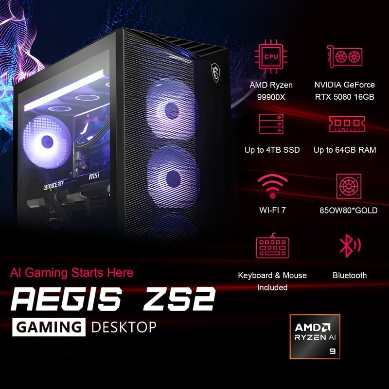 MSI Aegis ZS2 Gaming Desktop PC, AMD Ryzen 9 9900X 12-Core, GeForce RTX 5080 16GB, 64GB DDR5 RAM, 4TB SSD, 360mm Liquid Cooling, 850W 80+ Gold PSU, Wi-Fi 7, Windows 11 Pro,with Keyboard & Mouse