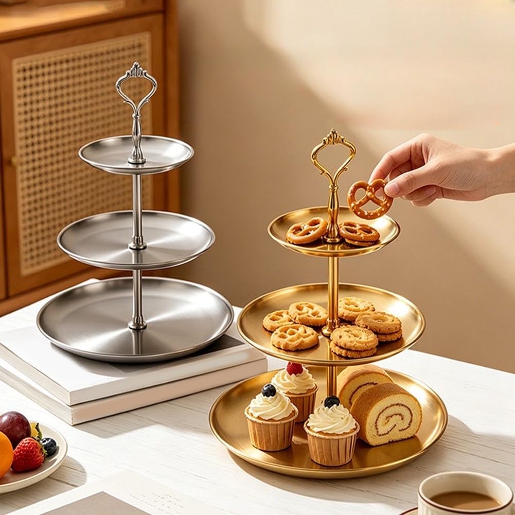 Présentoir à gâteau rond à 3 étages en acier inoxydable pour cupcakes et collations, plateau à gâteau empilable pour mariage, anniversaire, fête, facile à nettoyer, doré/argenté (or)