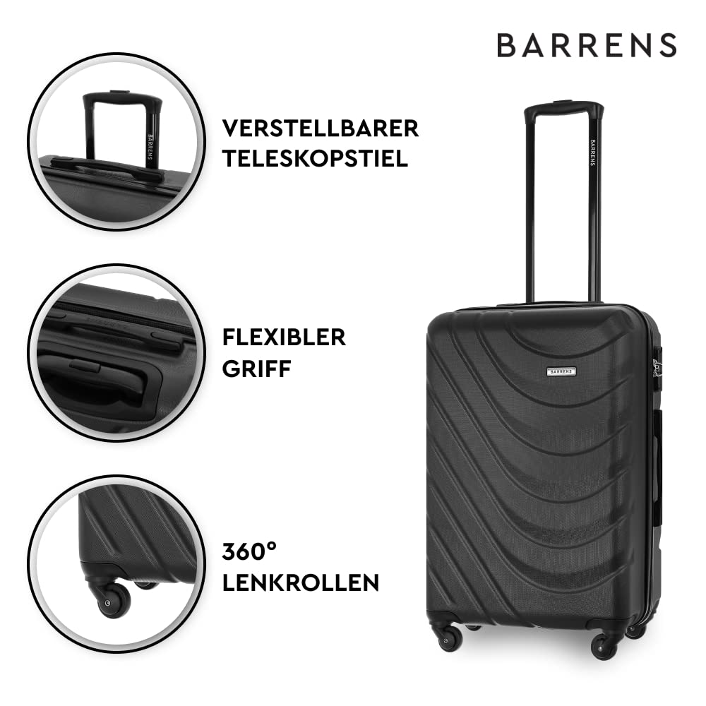 BARRENS Mittel Koffer Hartschalen-Koffer Rollkoffer Reisekoffer, Mittelgroßer Trolley mit 360° Rollen, Koffer mit Zahlenschloss Teleskopgriff, 63L Reisekoffer für Geschäft, 66x46x26 cm (Schwarz)