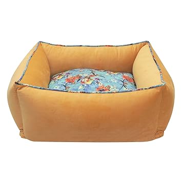 Hiputee Luxurious Holland Velvet Fabric Rectangular Dog & Cat Pet Bed with Removable Washable Cover (XL, Yellow-Blue Floral)
