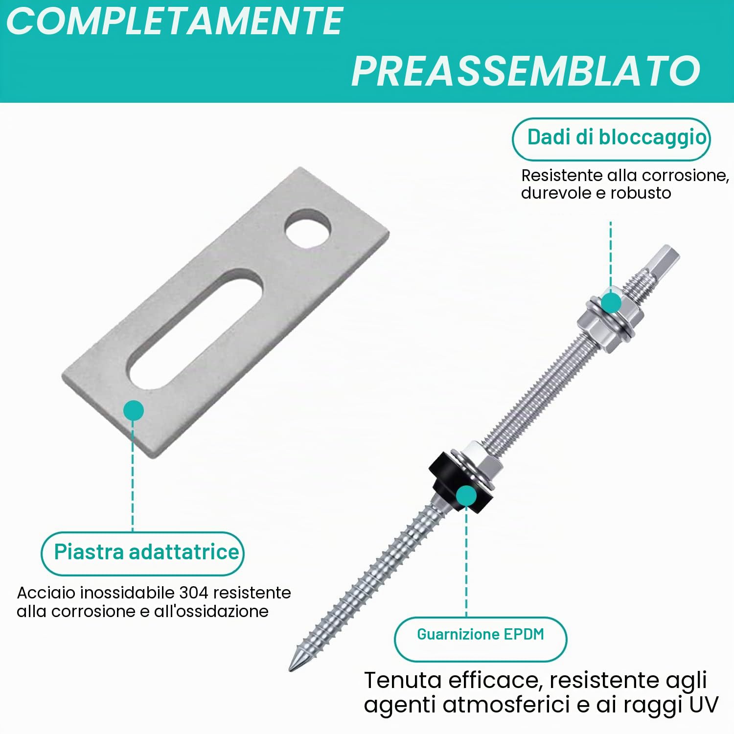 16 Pezzi Viti M10 x 200 mm, Vite in Acciaio Inox, Regolabili In Altezza, con 16 Pezzi 8,2 x 3 cm Guarnizione, per Fissaggio Solare Fotovoltaico, per Tetti Con I Coppi