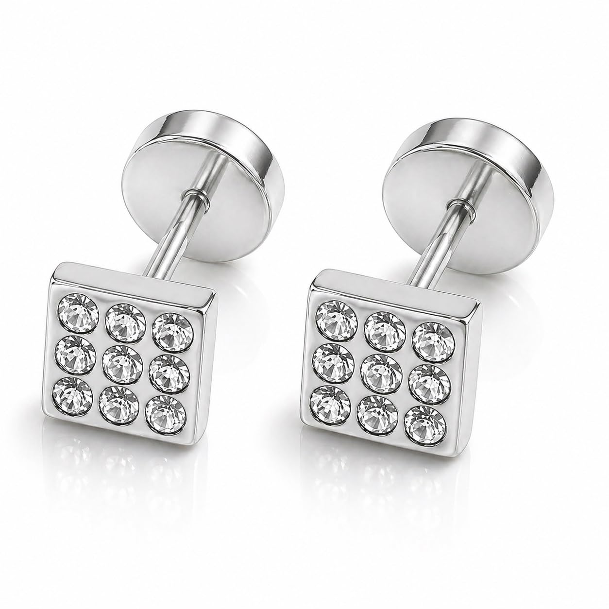 1 Pair Of Silver Color Sparkling & Anti-Tarnish Square Cubiz s Screw Back Zircon Stainless Steel-image-30