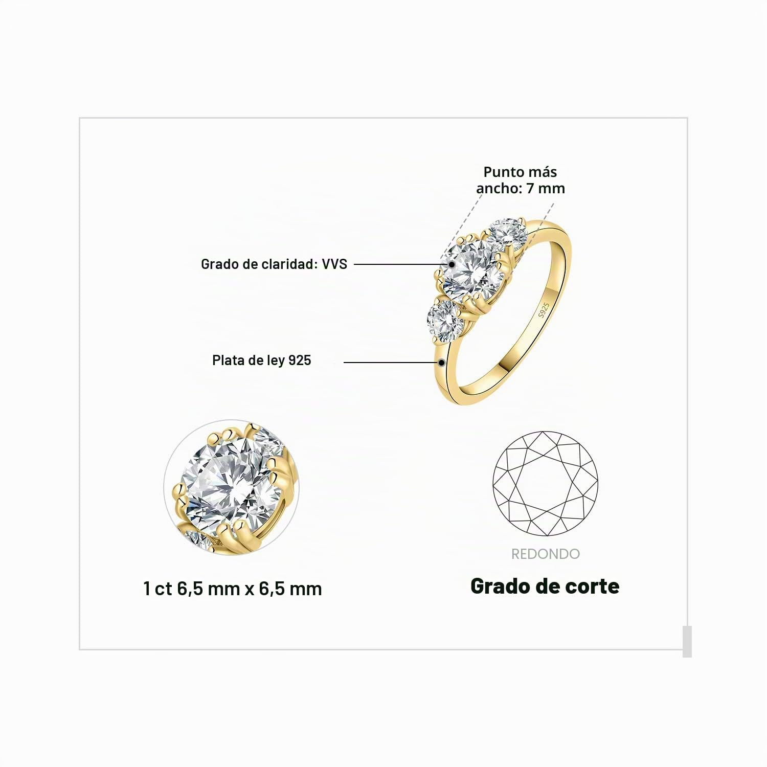 JewelryPalace Tres Piedras Anillo Mujer Plata Oro 14k Oro Rosa, Anillo de Compromiso Plata de Ley 925 Promesa Niña Clásico Piedra, Conjunto Joyas para Novia