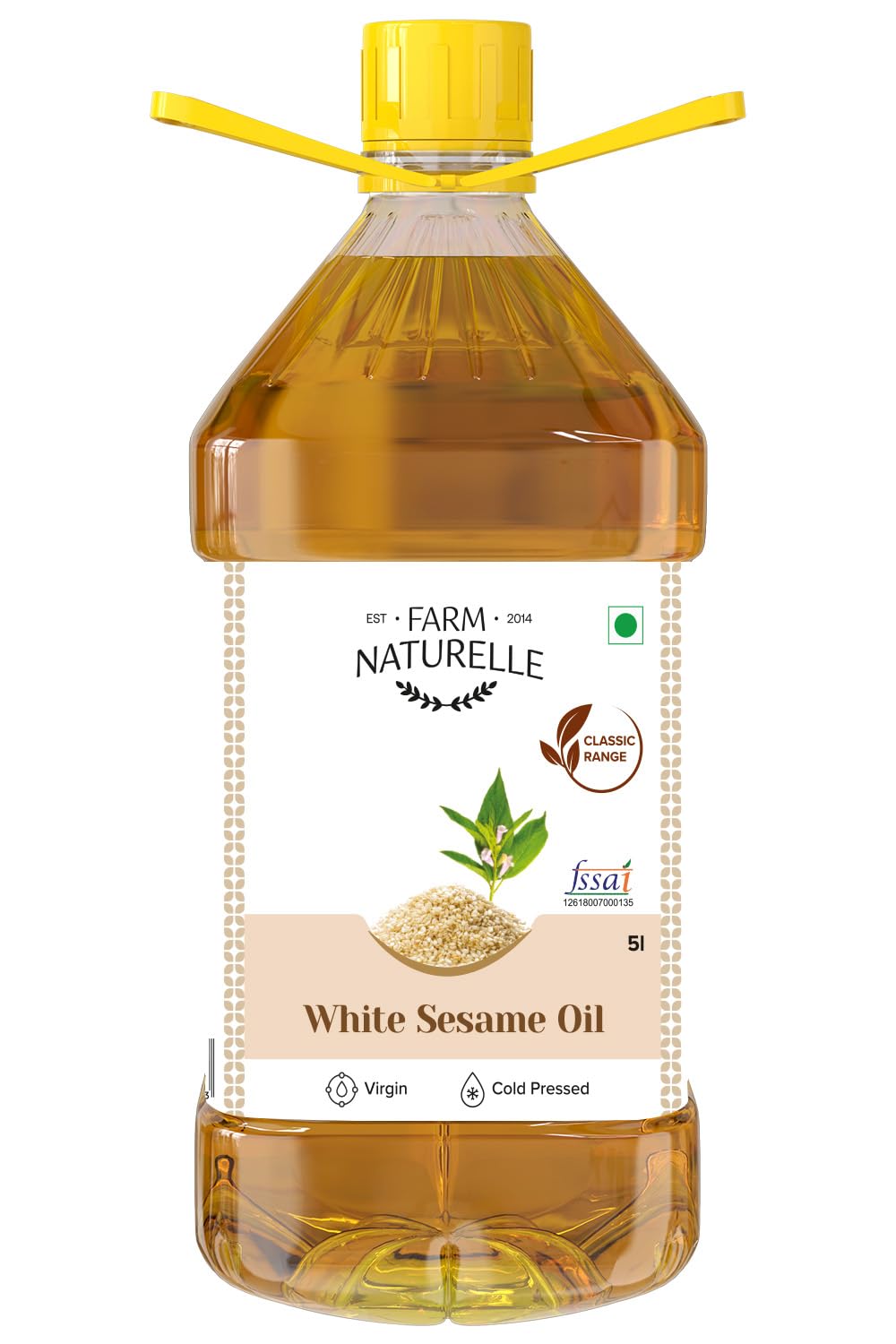 Farm Naturelle 100% Virgin Cold Pressed White Sesame Seed Cooking Oil Fssai Approved. (5L Oil in Pet Bottle)