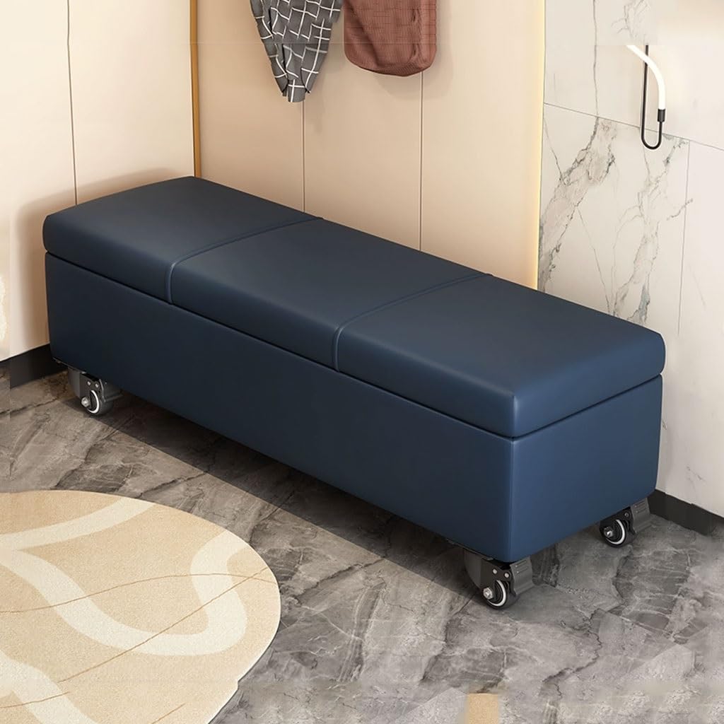 Zhangshouf Dark Blue Storage Ottoman Bench With Wheels Faux Leather Footrest For Living Room & Bedroom End Of Bed Chest Upholstered Footstool (60Cm)