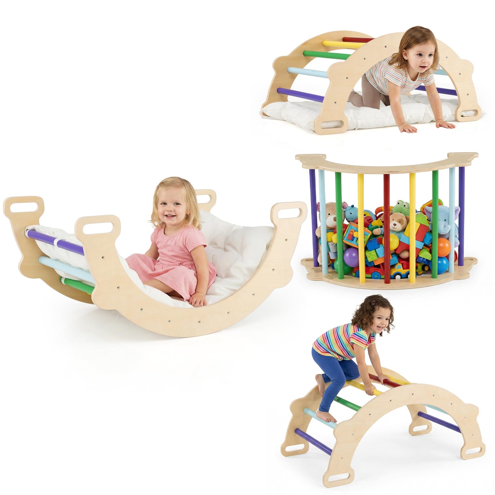 COSTWAY 3 en 1 Arche d’Escalade en Bois Enfant avec Coussin Moelleux, Arche à Bascule pour Grimper ou Se Reposer, Jouet d'arc d'escalade pour Chambre Salle de Jeux, Charge 30KG, 3 Ans+ (Coloré)