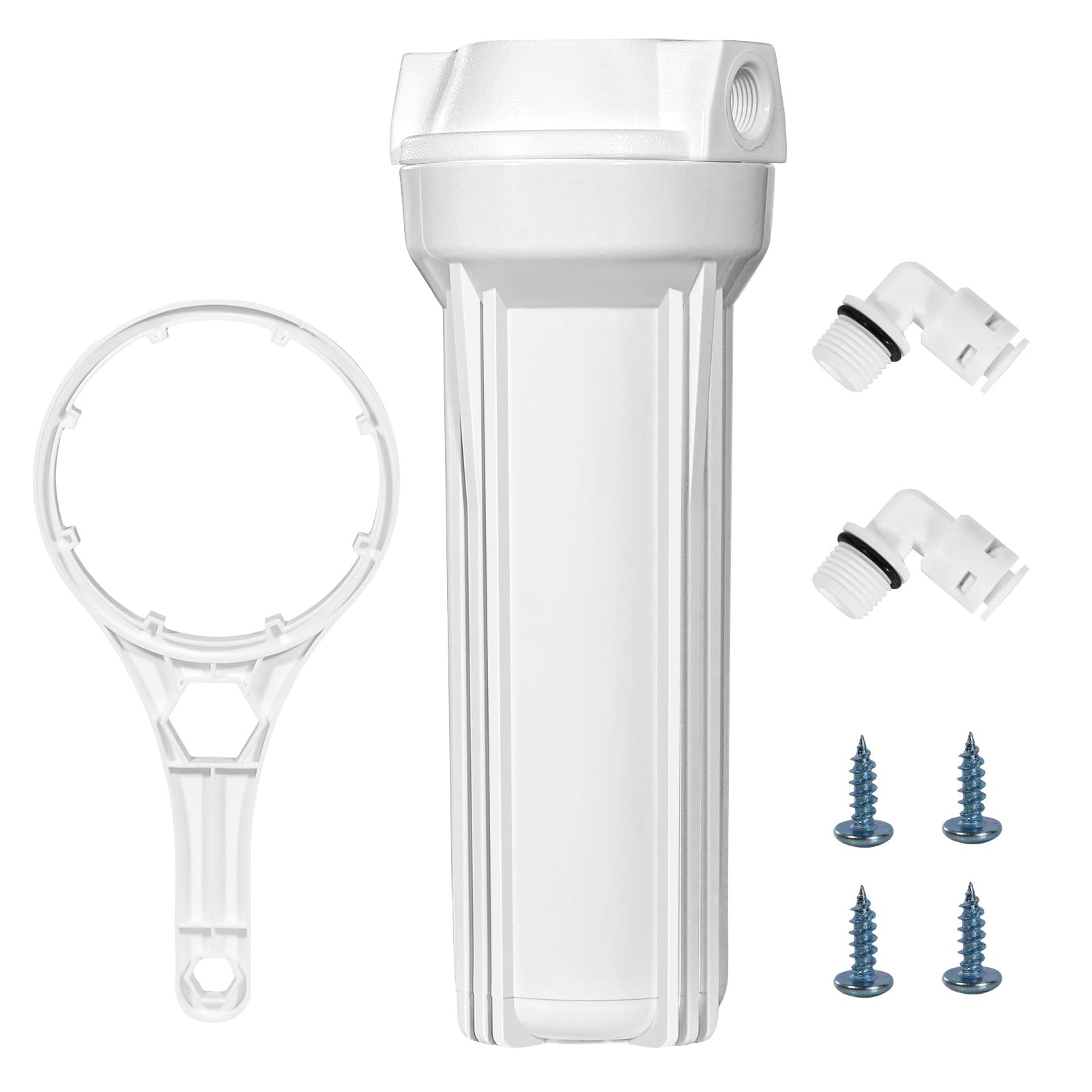 Universal 10 inch Whole House Water Filter Housing, Sediment Filter for RO Filtration System, 4 Screws, Wrench and 1/4" push fittings
