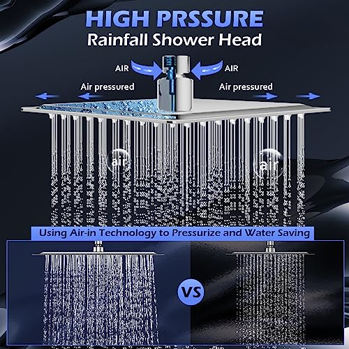 Rain Shower Head With Handheld Spray, 12" High Pressure Rainfall Shower Head With 11" Extension Arm, 6 Settings Anti-Leak Handheld Shower Heads With Hose, Built-In Power Wash, Height/Angle Adjustable #TOP6