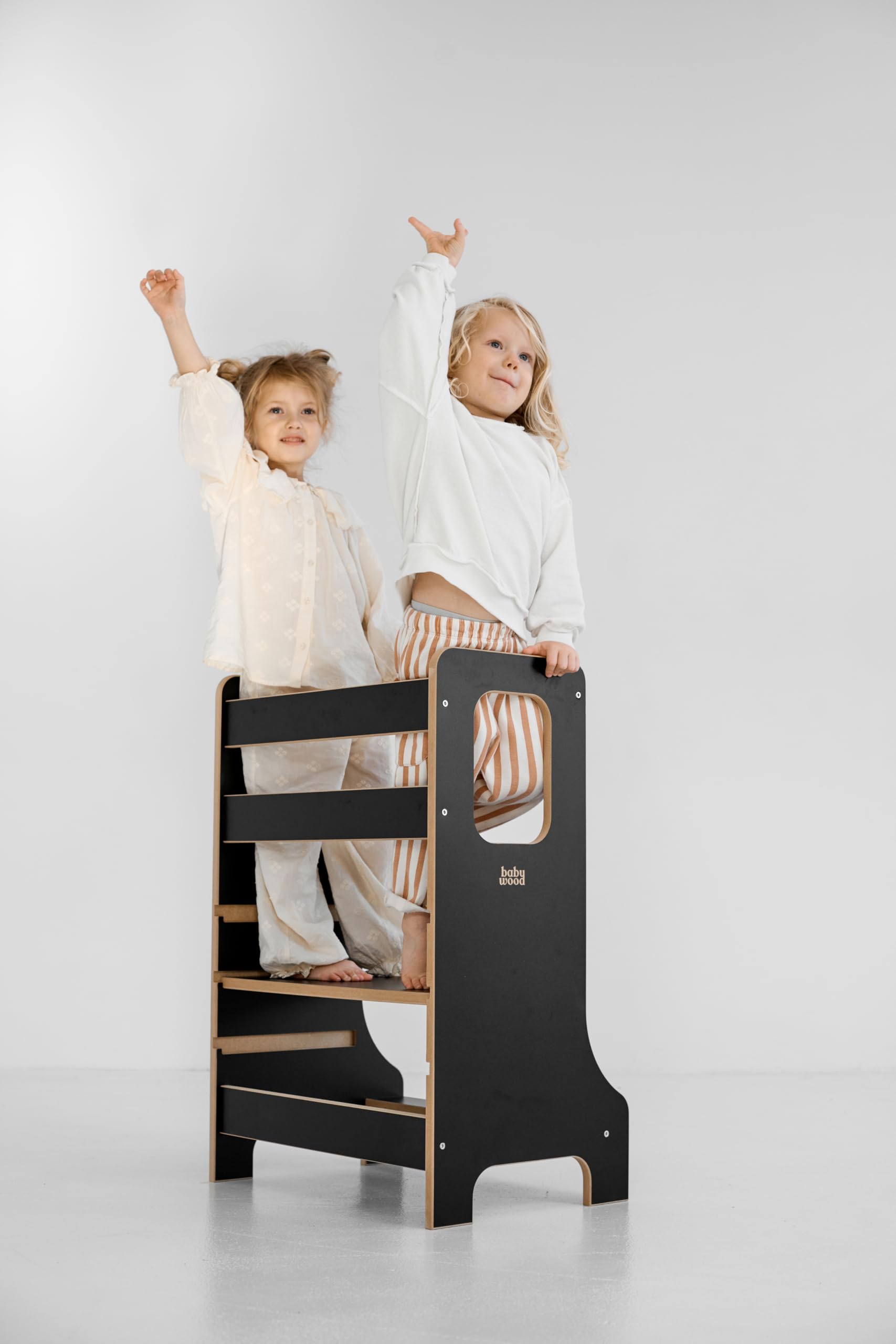 Lernturm Double Slim, Holz Lernturm für Geschwister, Entdeckungsturm für Zwei Kinder, Lernstuhl aus Holz, Learning Tower Montessori, Kitchen Helper (Weiß)