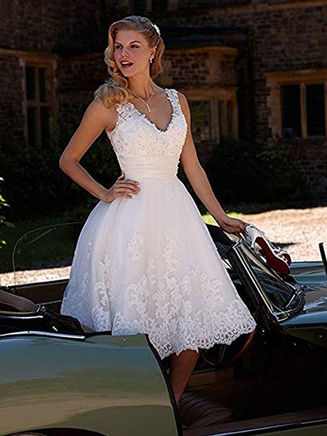Image of QXMYOO Women V-Neck Short Wedding Dresses Lace Prom Party White Homecoming Dress