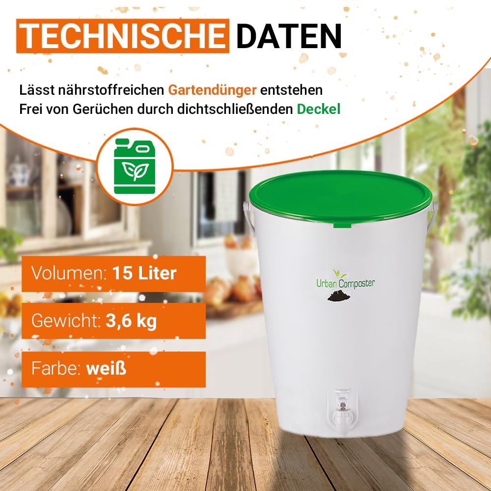 GARANTIA Urban Komposter 15 Liter grün, inkl. Deckel und Kompostspray | Biomülleimer Küche, Komposteimer, Bio Mülleimer, Abfall & Recycling, Bioabfallbehälter für Küche, Biomüll, Biotonne