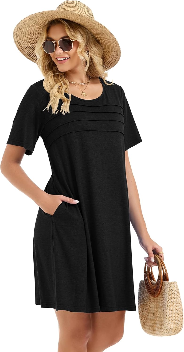 elescat Sundress for Women Casual Loose Summer Short Sleeve Pleated Front Crew Neck T Shirt Dress with Pockets - Image 4