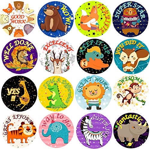 800Pcs Animal Reward Stickers for Kids, 2 Rolls 1 3/5 Inch Self Adhesive Positive Words Incentive Sticker Label Animal Shape Wall Decals for Teacher Classroom Supplies and School Favor, 16 Styles