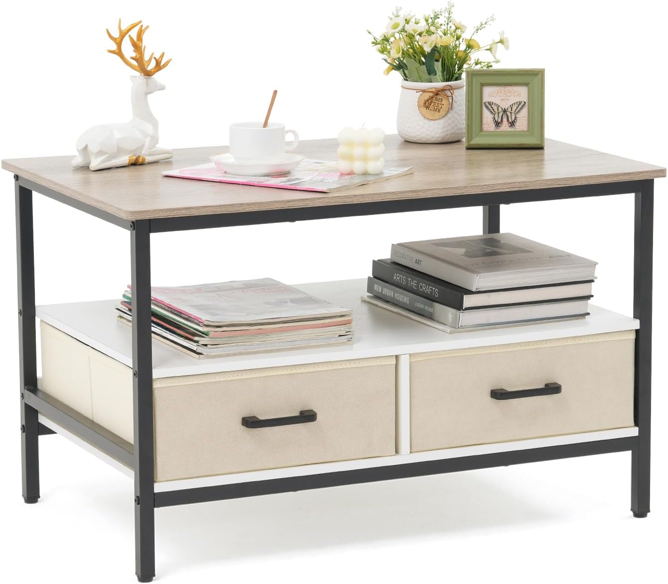 Verano Garden 32" Coffee Table with Storage, 2-Tier Wood Coffee Table with Open Display Shelf & Foldable Drawers, Farmhouse Table with Metal Frame, Small Center Table for Living Room, White (31.5")