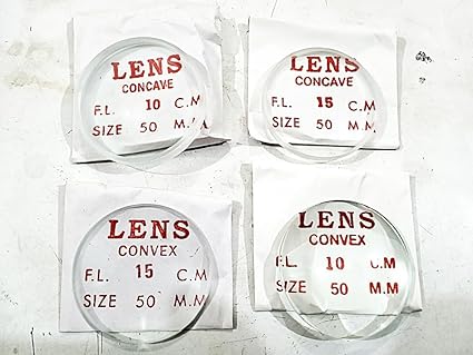 Rex Spherical Convex & Concave Lens Set of 4 Dia 50mm focal length 10 cm and 15 cm for Ray & Light optics activity