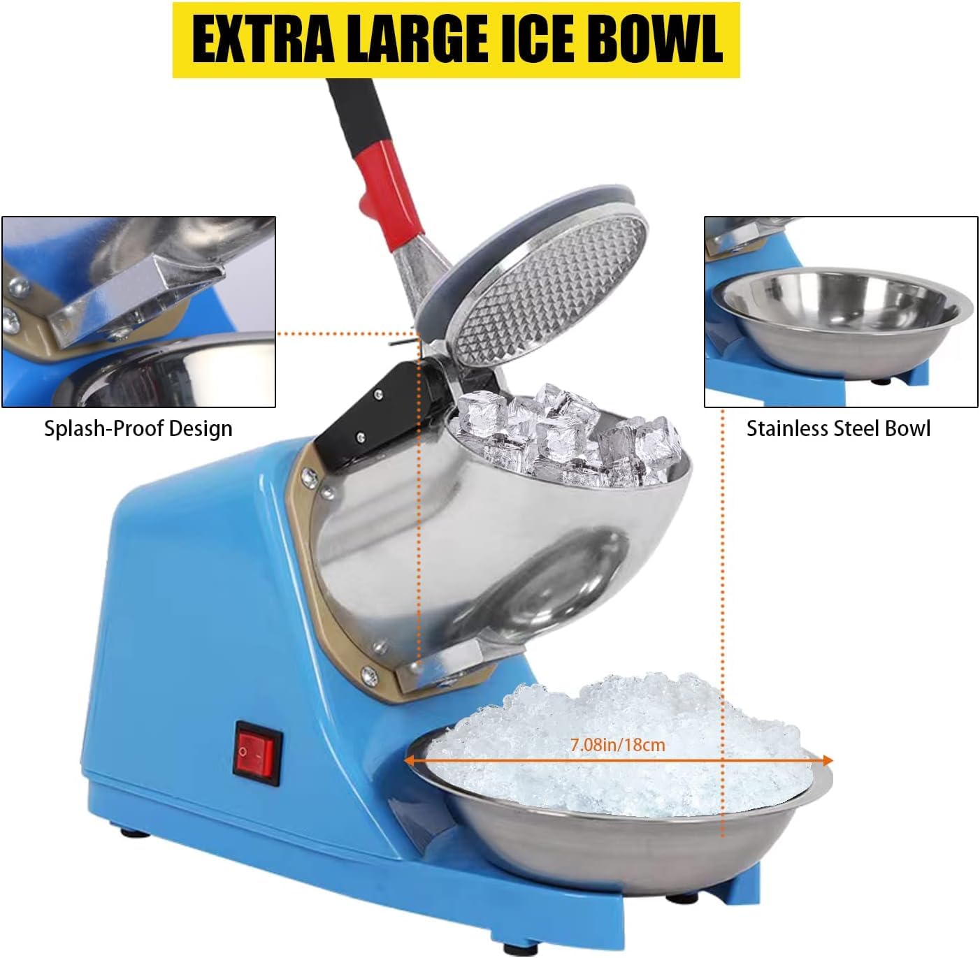 Elektrische Ice Crusher,Lightakai 220V 300W Elektrische Eiszerkleinerer Edelstahl Ice Eiswürfel Crusher 2200Rpm für Restaurants, Bars, Partys,Blau