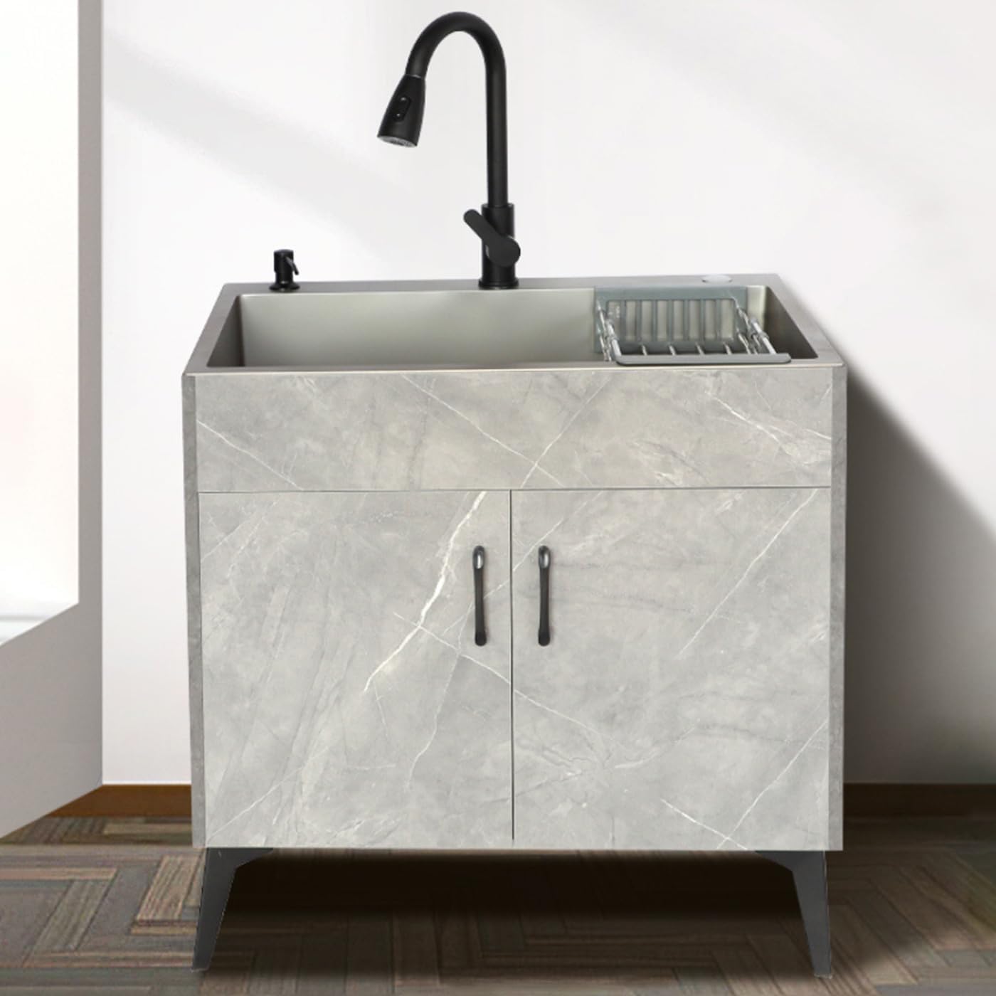 Bedside Table, Laundry Sink Cabinet Combo with Stainless Steel Sink & Pull-Down Faucet – Utility Sink for Laundry Room Garage or Basement