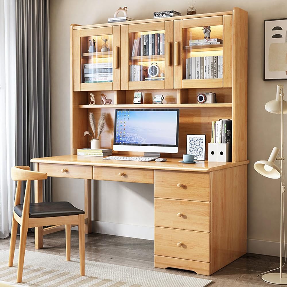 Wdsopk Natural Modern Home Office Desk With Hutch, Study Table Workstation With Drawers & Glass Door, Perfect For Small Spaces, Ideal Study Writing Desk（-100 * 60 * 186Cm）