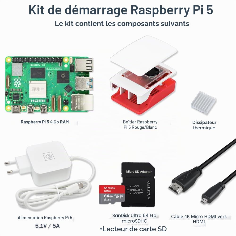 Raspberry Pi 5 Kit de démarrage 4 Go, bloc d'alimentation USB-C 27 W, boîtier avec ventilateur, carte SD 64 Go, câble micro HDMI 4K, rouge et blanc