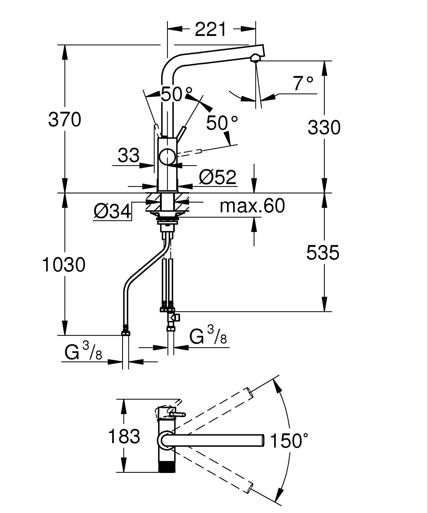 GROHE Blue Pure, Küchenarmatur, mit Filterfunktion (Gefiltertes Wasser: separater Griff, Filter unterhalb Spüle, Wasserhahn 150° schwenkbar, L-Auslauf, ohne Filter), chrom, 30588000