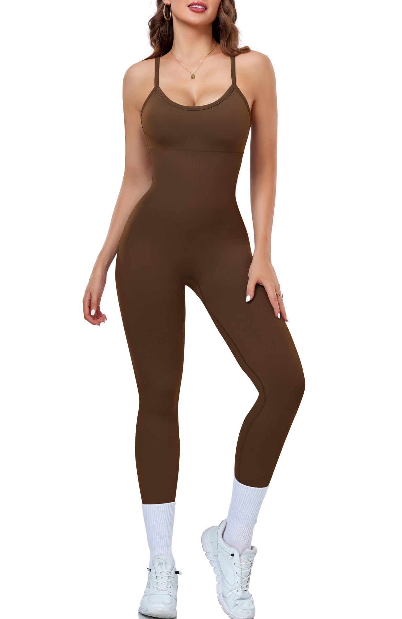OLCHEE Womens Workout Yoga Jumpsuits Rompers - One Piece Seamless Unitard Leggings Spaghetti Strap Bodysuit Gym - Brown Medium