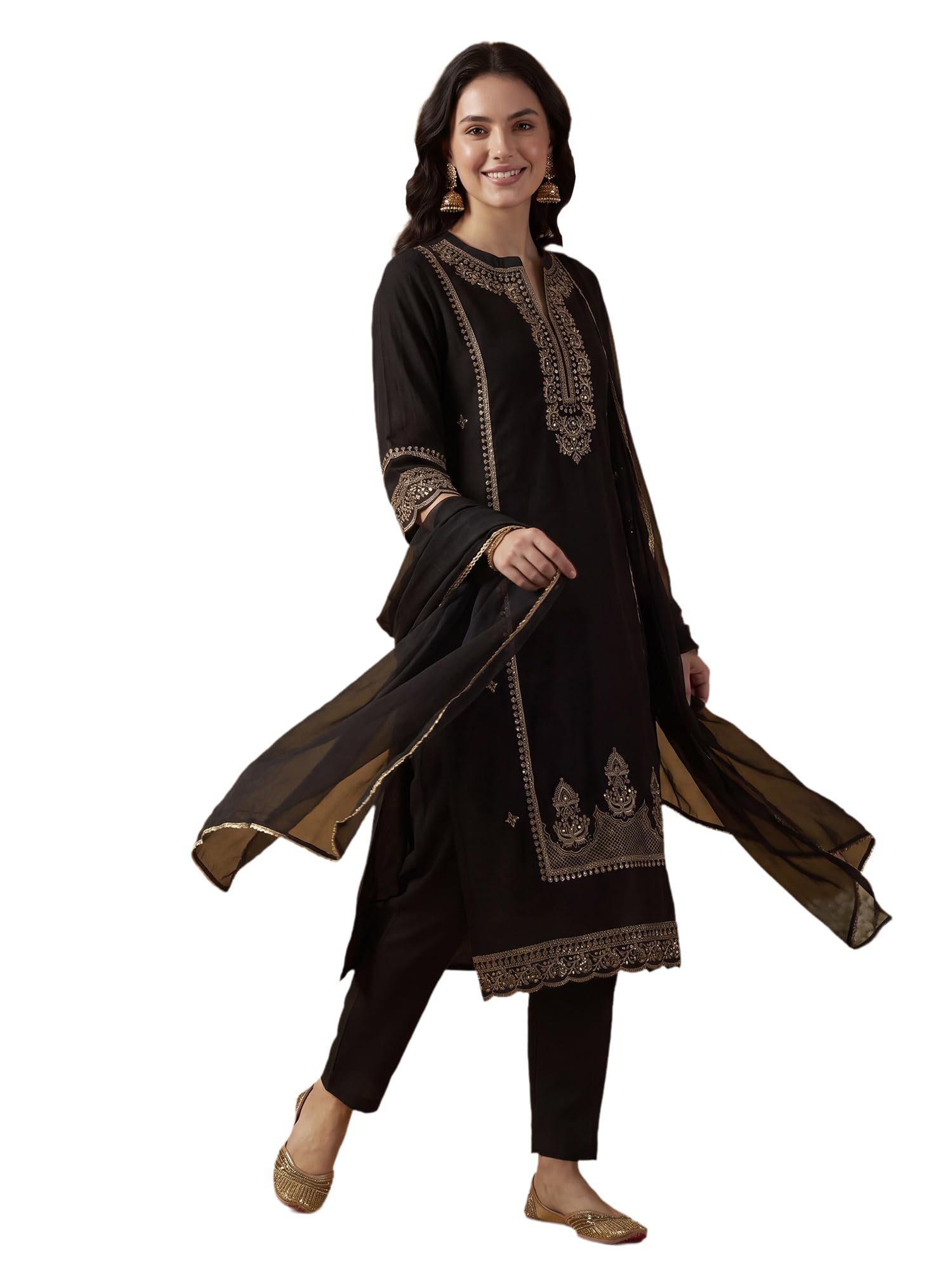 indo era Women's Silk Blend Floral Embroidered Sequinned kurta & Pant with Dupatta Set | Women Kurta Sets With Dupatta-picture-16