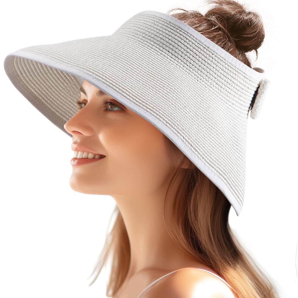 Viseras solares plegables para mujer, sombrero de paja de ala ancha para verano, playa, sombrero de paja enrollable, A01 Blanco, para 22-23.2(7, 7 1/8, 7 1/4)