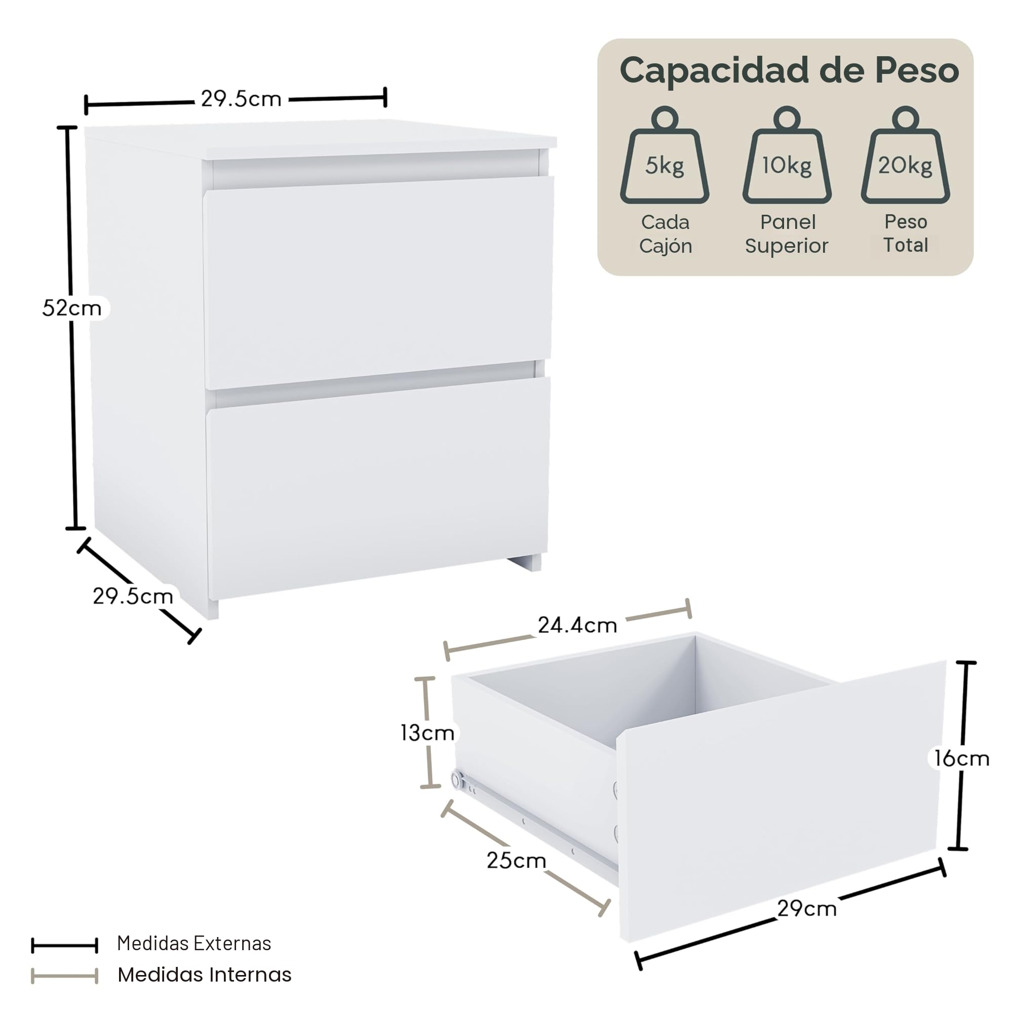 Vida Designs Mesita de noche Denver con 2 cajones (blanca), 40 cm de alto x 29,5 cm de ancho x 29,5 cm de profundidad