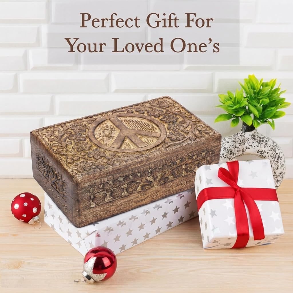 Ajuny Wooden Peace Design Jewelry Box Carved Keepsake Chest 8x5 Inch Holder image 2