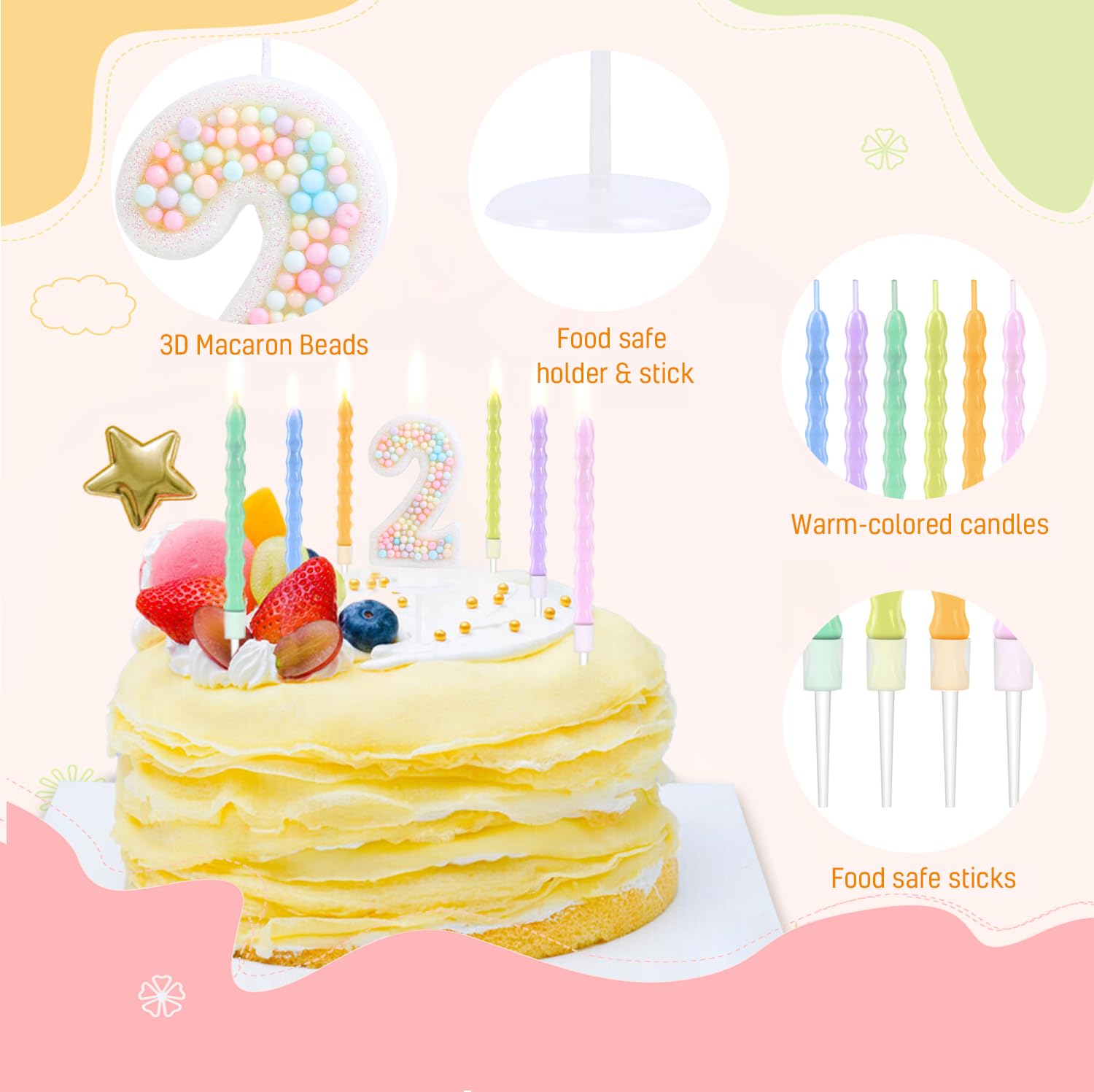 Candela di compleanno con numero Macaron Candela con numero 3D glter